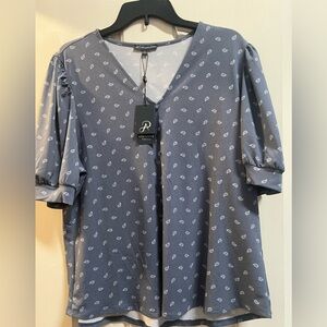 NWT Adrianna Papell Steel Blue V-Neck Puff Sleeve Paisley Print Blouse Size XL